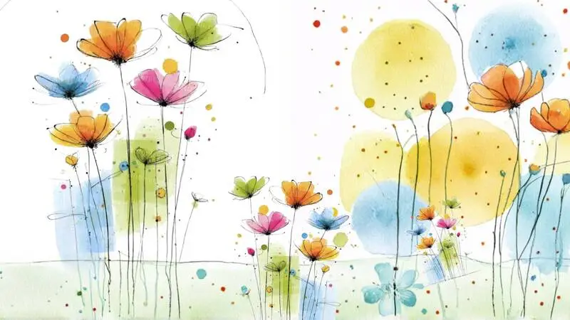 Delicate watercolour artwork featuring colourful flowers on slender stems, with soft pastel washes, ink details and paint splatters creating a light, whimsical garden scene.